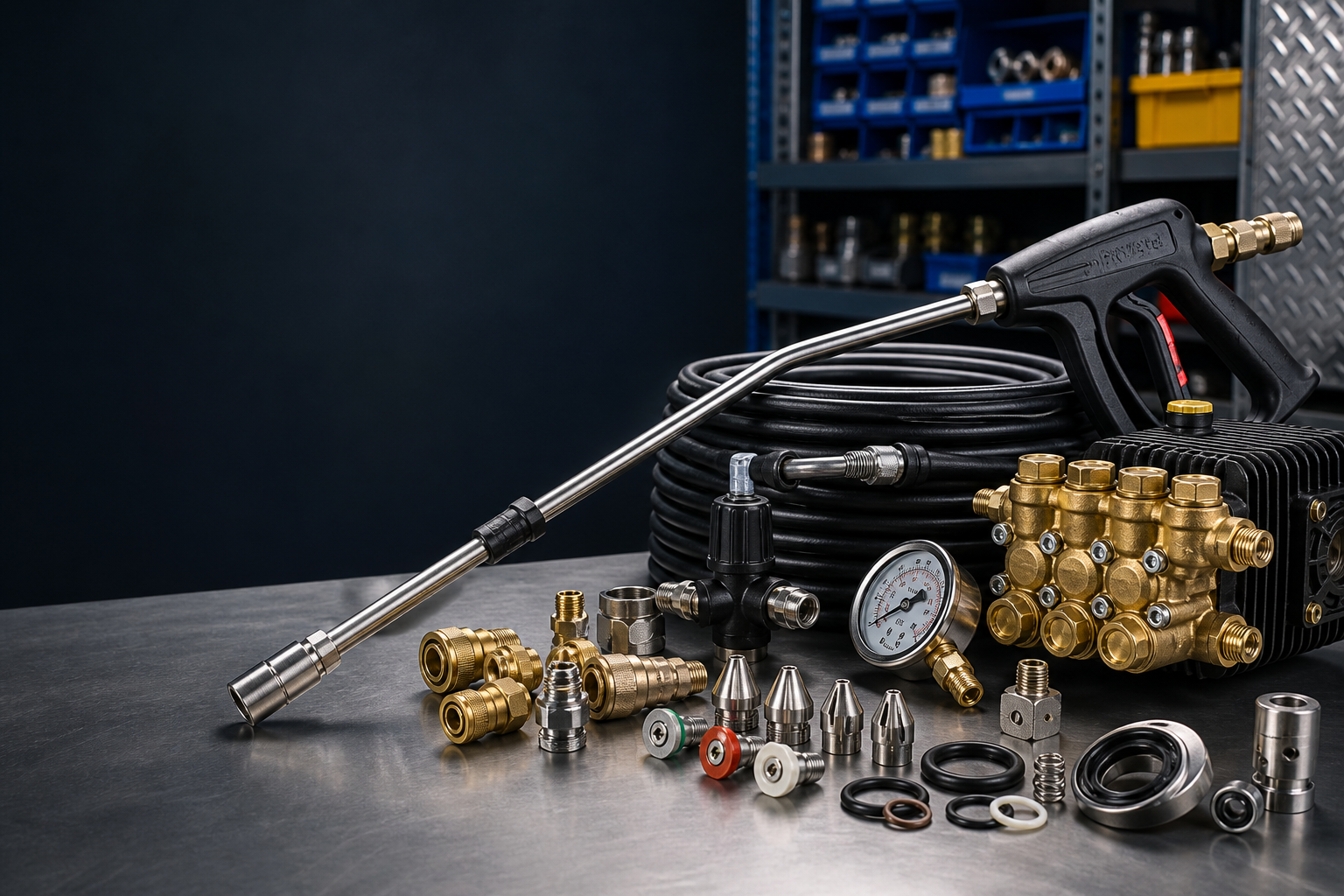 A spread of pressure washer parts on a workbench: triplex pump, trigger gun and lance, liquid-filled pressure gauge, coiled hose, brass quick couplers, and colored nozzle tips.