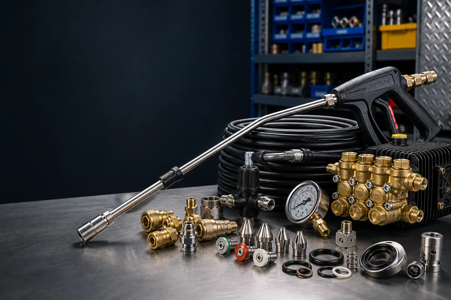 A spread of pressure washer parts on a workbench: triplex pump, trigger gun and lance, liquid-filled pressure gauge, coiled hose, brass quick couplers, and colored nozzle tips.